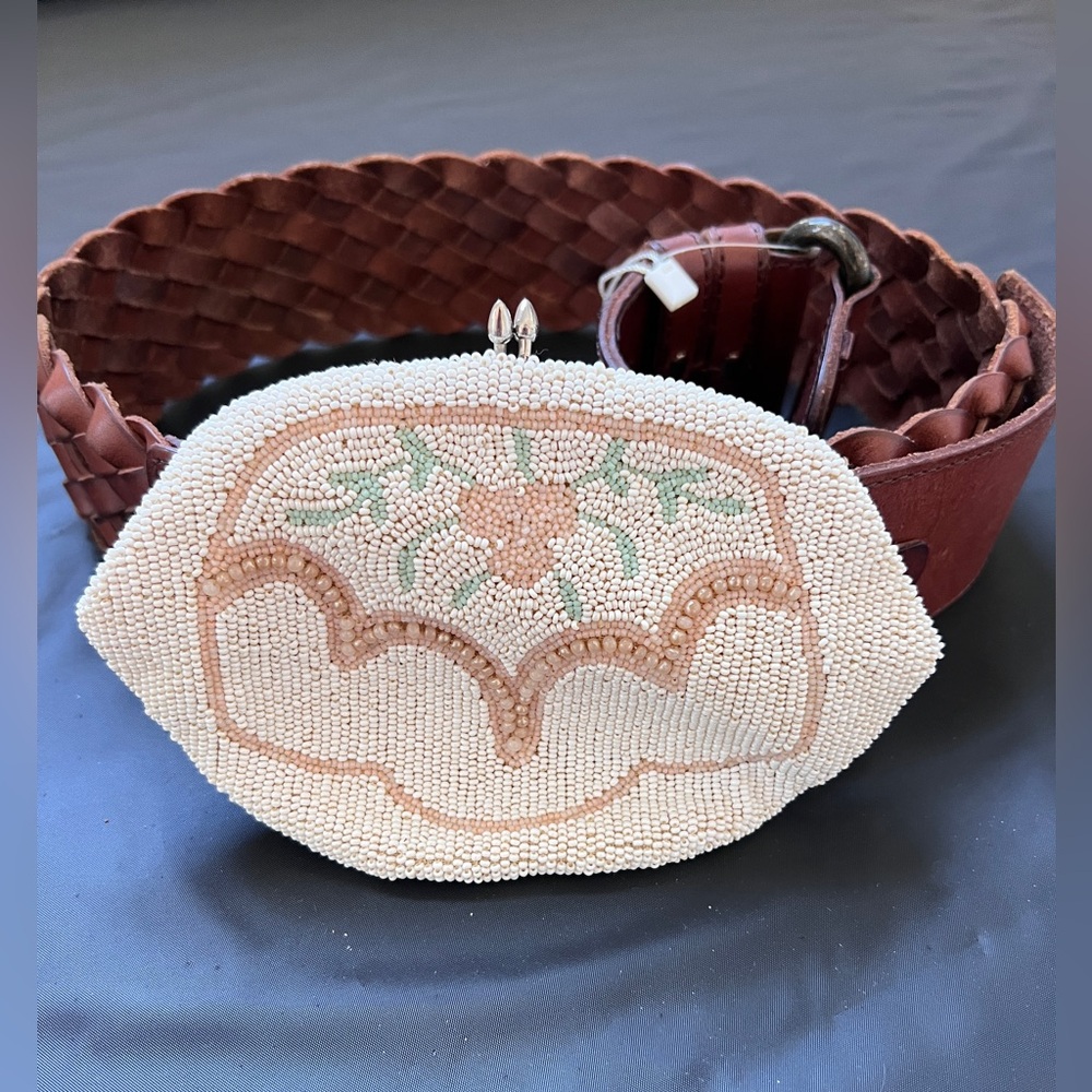 Vintage Beaded Finger Clutch Belt Bag Cream Floral Hand Made in Belgium 1940s